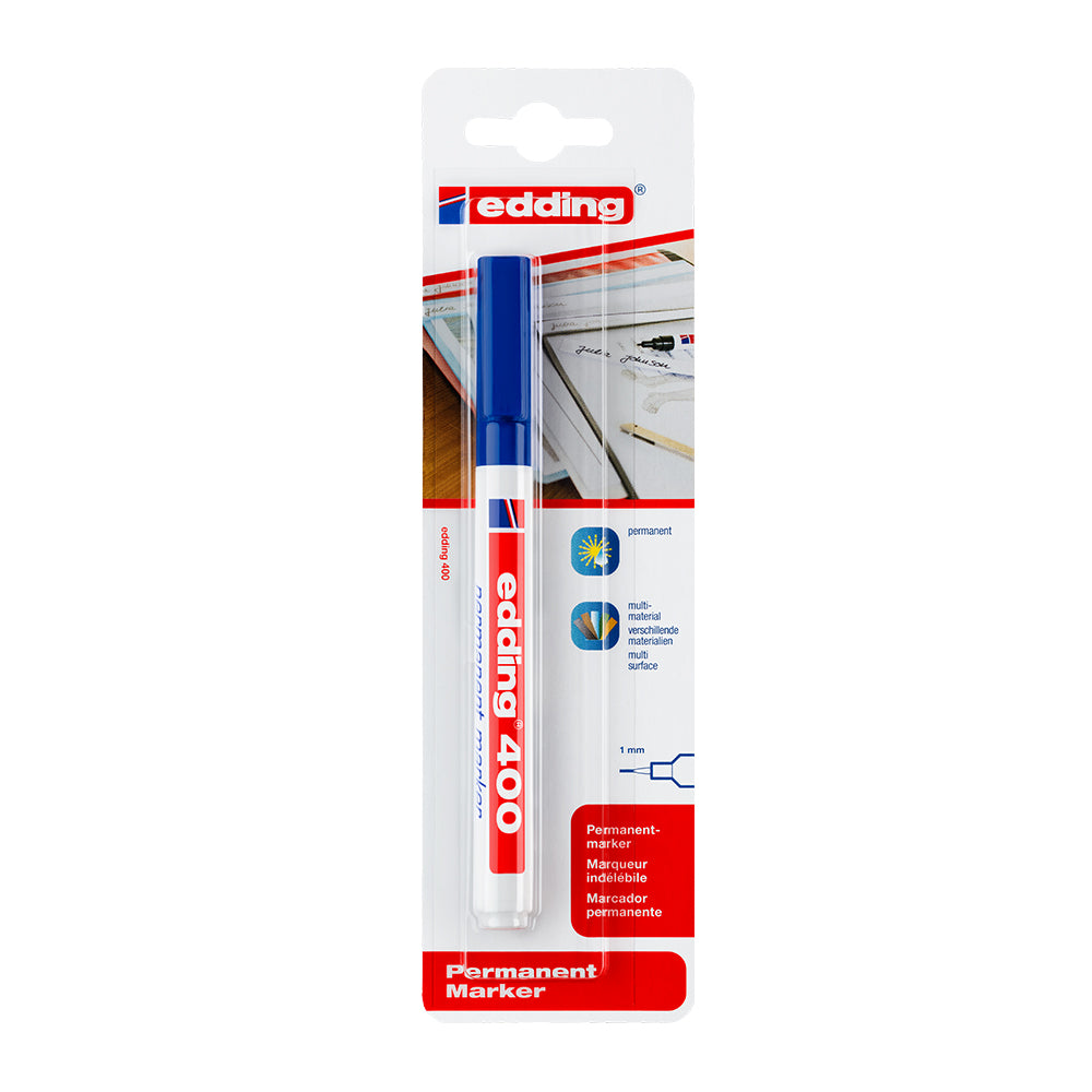 Marker permanent Edding 400, varf rotund 1 mm, albastru, blister Marker permanent Edding 400, varf rotund 1 mm, albastru, blister